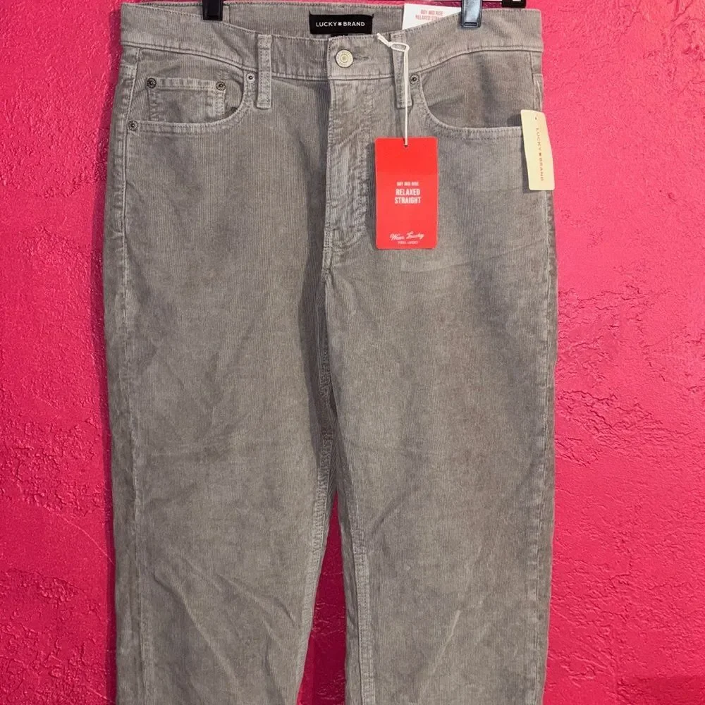 NWT Lucky Brand Boy midrise relaxed straight leg grey corduroys. Sz 28/6 regular